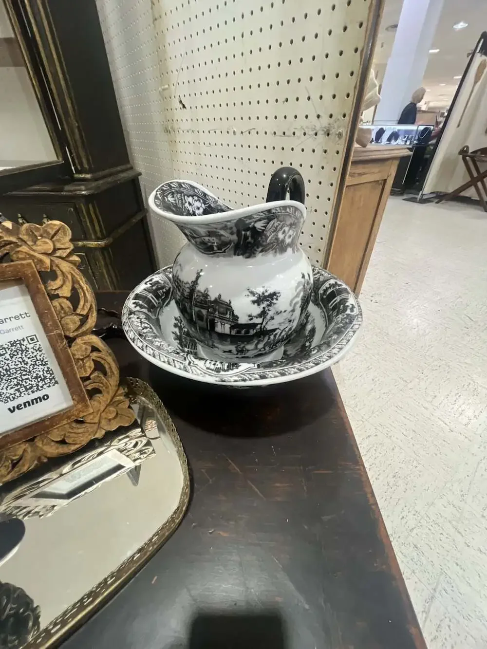 Vintage Black and White English Transferware Wash Basin and Pitcher Set